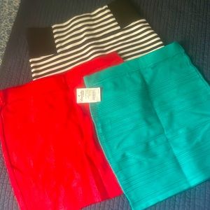 3 fitted min skirts navy blue/white high waist-XS, red size M, turquoise Small
